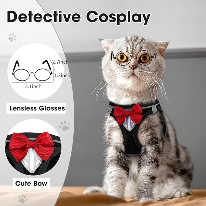 Cat Vest Harness and Leash Set for Walking Escape Proof, Adjustable Kitten Harness Breathable Mesh with Reflective Strips Harness for Kitty Puppy Bunny (Black,S)