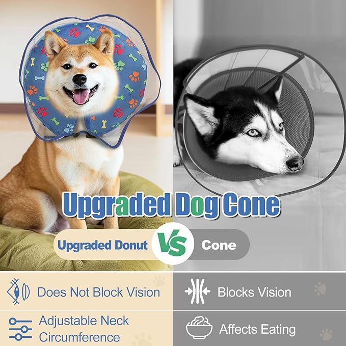 Inflatable Dog Cone Collar, Adjustable Size Soft PVC 2-in-1 Dog Donut Collar After Surgery with Detachable, Inflatable Collar for Small Medium Large Dogs and Cats (Blue, Medium)