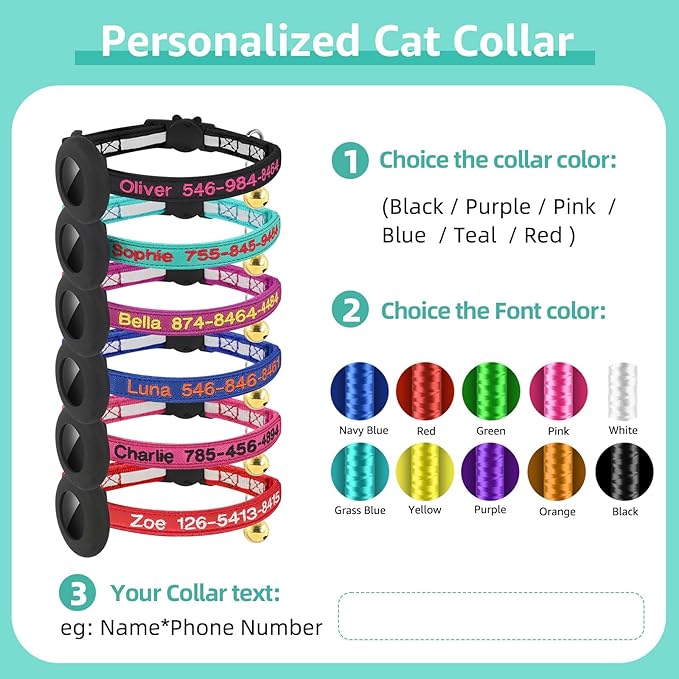 Airtag Cat Collar, Personalized Nylon Breakaway Cat Reflective Collar Embroidered with Pet Name and Phone Number with Waterproof Airtag Holder Case and Bell (with Silicone Airtag Protective Case)