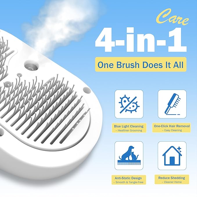 4-in-1 Pet Grooming Steam Brush for Cats & Dogs – Steam Spray, Blue Light, Hair Removal, Self-Cleaning Comb – Includes Pet Waterless Shampoo
