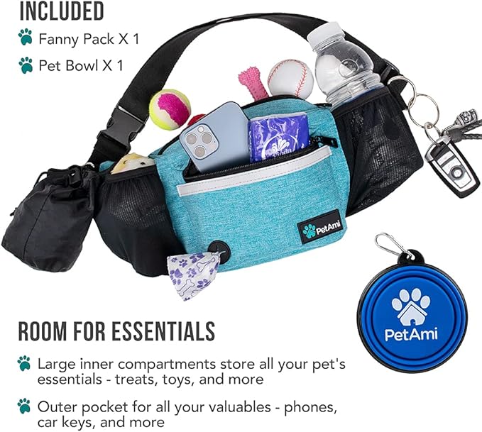 PetAmi Dog Fanny Pack, Treat Pouch for Dog Walking, Training, Built in Poop Bag Dispenser, Water Bottle Holder, Collapsible Bowl, Pet Treat Waist Belt for Hiking, Running, Kibbles (Turquoise)