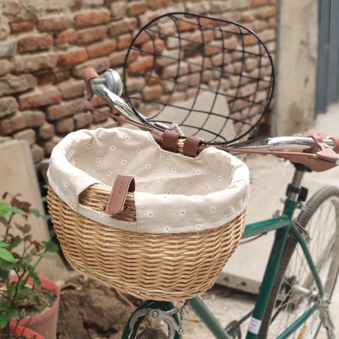 Bike Pet Basket, Wicker Bike Basket for Small Dogs Cats Pet Carrier Front Basket with Wire Mesh Cover and Lid, Wicker Basket for Dogs and Cats, Rattan Storage Basket, 11.81 * 9.84 inch (B)