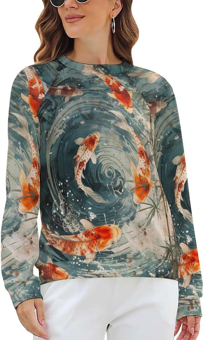 Womens Long Sleeve Tops Y2k Japanese Art Print Sweatshirts Fall Pullover for Women Crewneck Vintage Shirts Boho Tops