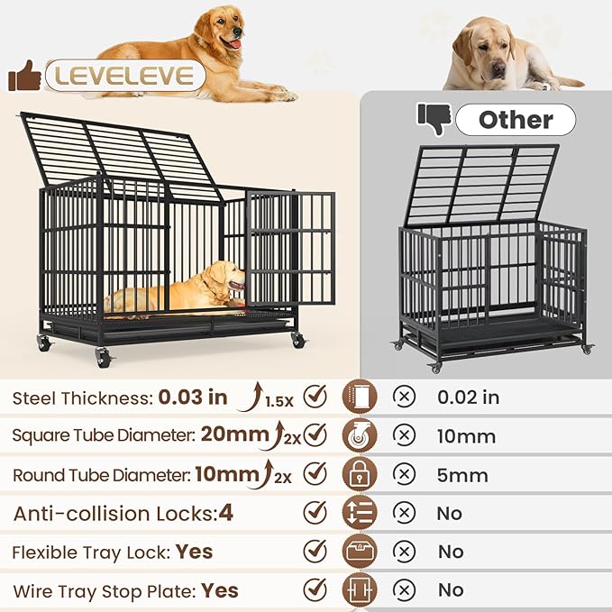 LEVELEVE 54 Inch Heavy Duty Indestructible Dog Crates for Large Dogs,Escape Proof Dog Cage Large Dogs with Lockable Wheels,Dog Kennel Furniture Indoor&Outside