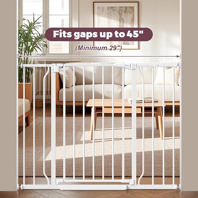 29"-45" Baby Gate for Stairs, Auto Close Stroller Friendly Dog Gate Indoor for Doorways, Pressure Mounted Baby Gate, Easy Walk Through Gate for Children & Pets, White