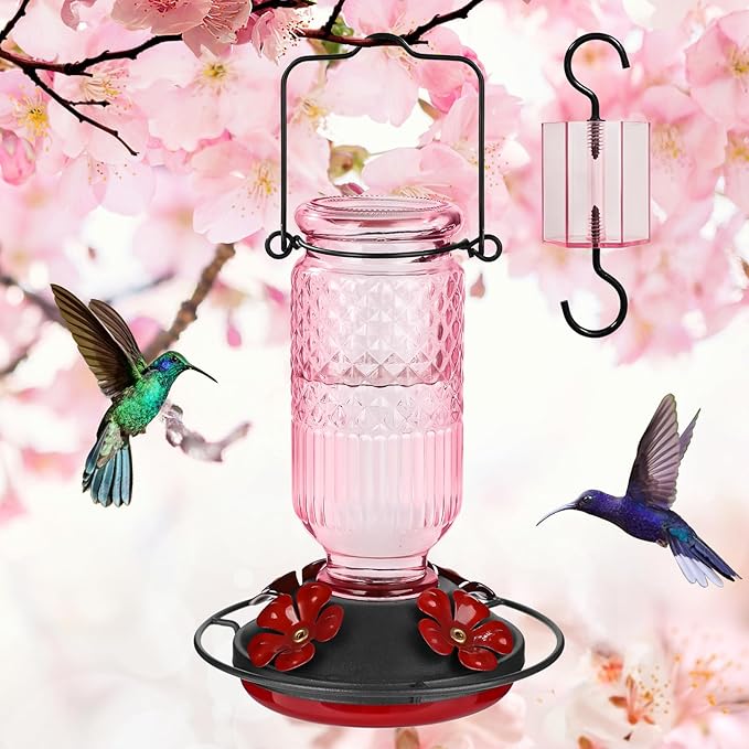 FEED GARDEN Glass Hummingbird Feeders for Outdoors, 16 OZ Pink Hummingbird Feeder with 4 Bee Guard Feeding Ports & Built-in Ant Moat, Humming Bird Feeder, Gifts for Women Mom,1 Pack