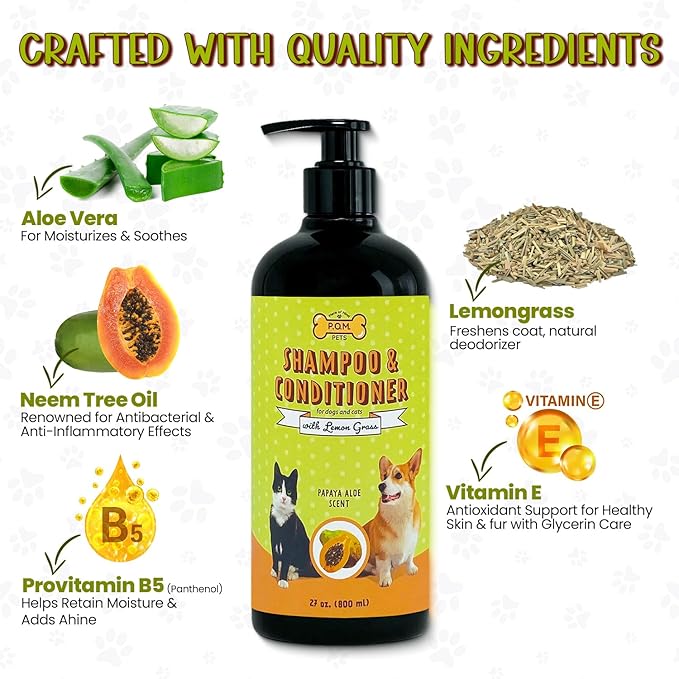 POM Pets 2-in-1 Organic Dog Shampoo & Conditioner – Itchy Skin Relief, Dog Deshedding, Detangles Fur, Cat Shampoo, Paw Cleaner for Dogs, Natural Coat Defense Formula