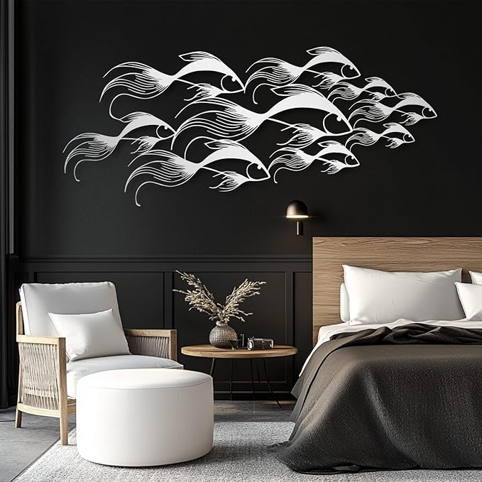 School of Fish Metal Wall Art, Metal Fish Wall Decor, Sea Life Wall Art, Large Nautical Wall Hanging, Modern Beach House Wall Decor, Ocean Themed Artwork for Bathroom (White, 41"x18" | 105x45cm)