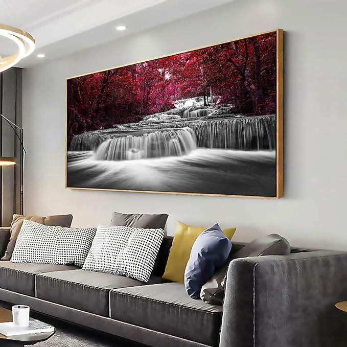Lasdel Natural Extra Framed Canvas Wall Art of Wide Waterfall & Red Leaves Picture For Bedroom,Burgundy Nature Black White Artwork Decor,Beautiful Maple Leaves Landscape Print Painting,30x60
