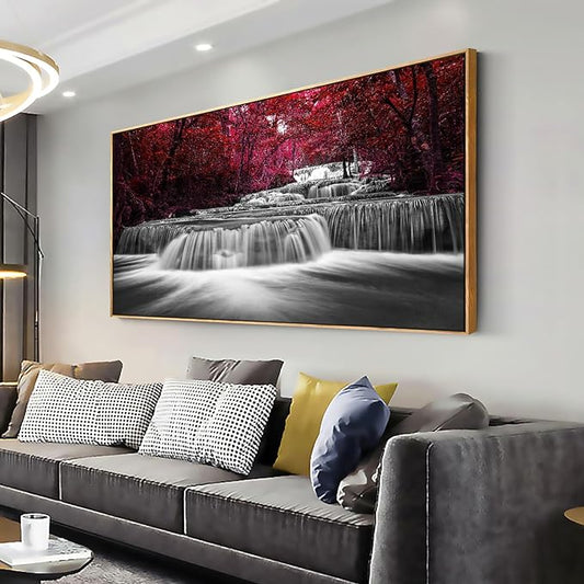 Lasdel Natural Extra Framed Canvas Wall Art of Wide Waterfall & Red Leaves Picture For Bedroom,Burgundy Nature Black White Artwork Decor,Beautiful Maple Leaves Landscape Print Painting,30x60