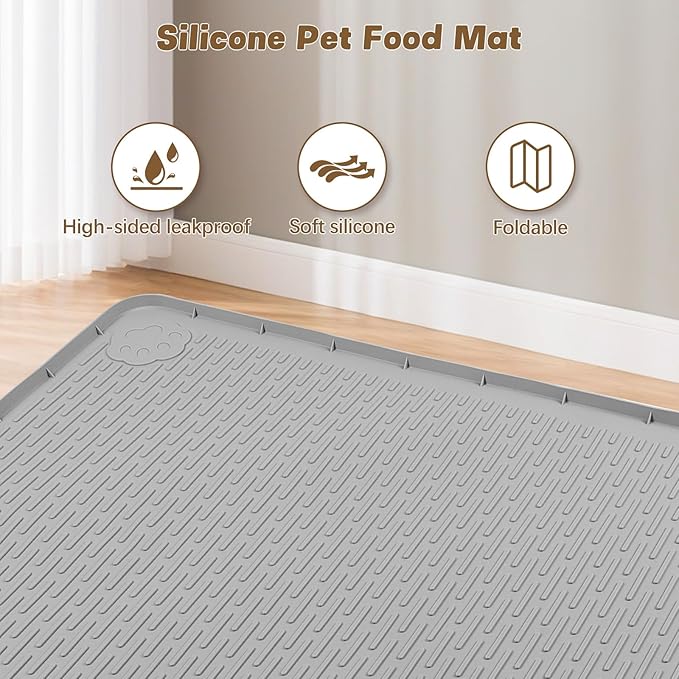 Cat Food Mat, 40" x 28" Extra Large Silicone Pet Feeding Mat with Raised Edge Pet Placemat for Food and Water Bowl Non-Slip, Easy to Clean, Floor Protection (Grey)