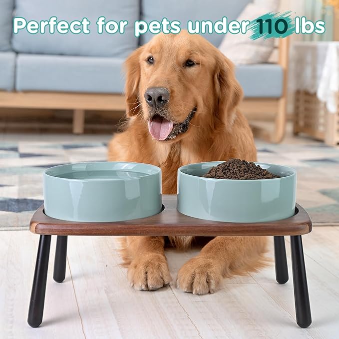 SPUNKYJUNKY Ceramic Elevated Dog Bowls Raised with Acacia Bamboo Wooden Stand, 8.3'' Dog Food Water Bowls Set Non-Slip for Medium Large Sized Breed Microwave Dishwasher Safe - 60 OZ,Light Green