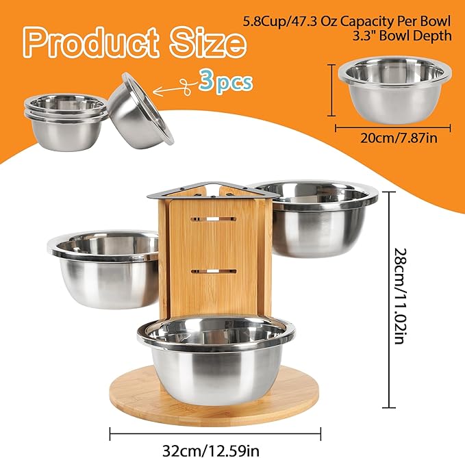 Elevated Dog Bowls, Natural Bamboo Raised Dog Bowl Stand for Medium to Large Sized Dogs 3 Adjustable Height Stand with 3 Thick 48oz Stainless Steel Bowls Non-Slip Base Pet Food Feeder