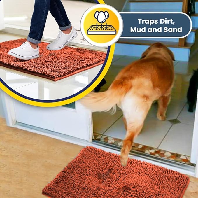 Muddy Mat® AS-SEEN-ON-TV Highly Absorbent Microfiber Dog Door Mat and Pet Rug, Non Slip Thick Washable Area and Bath Mat Soft Chenille for Kitchen Bathroom Bedroom and Indoor - Orange Large 35"X24"