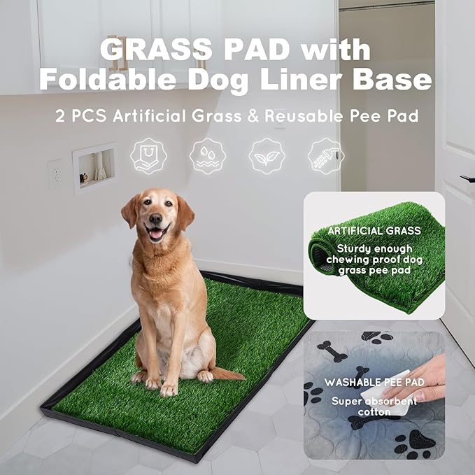 Dog Grass Pad with Foldable Dog Litter Box,Large Liner Base for Balcony,Ultra-Absorbent Artificial Grass Pads for Dogs Pee Pad Holder, Potty Training, 2 PCS Reusable Pee Pad