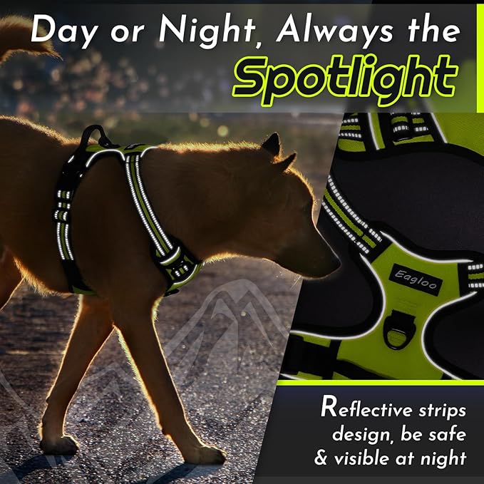 Eagloo Dog Harness Large Breed, No Pull Service Vest with Reflective Strips and Control Handle, Adjustable and Comfortable for Easy Walking, No Choke Pet Harness with 2 Metal Rings, Green, XL