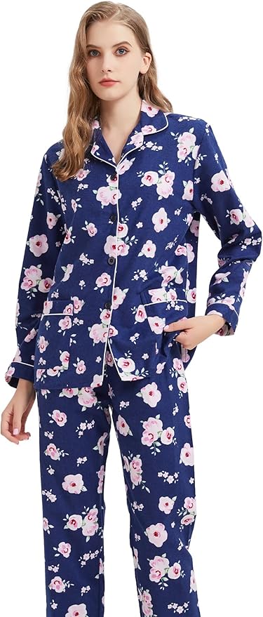 GLOBAL Flannel Pajamas for Women 2-Piece Comfy and Cozy Flannel Pj Set Cotton Loungwear