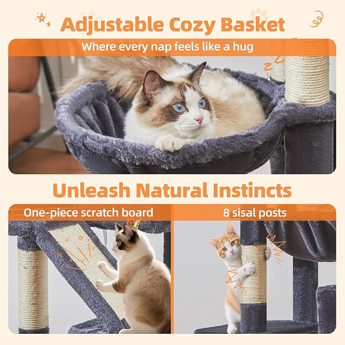 Taoqimiao Cat Tree 71-Inch, Cat Tower for Indoor Cats Large Adult, Multi-Level Large Cat Condo, 8 Sisal Scratching Posts, Metal Frame Cozy Hammock, Scratch Board, 2 Top Perches, Smoky Gray MS026LG