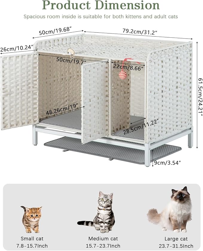 Cat Litter Box Enclosure Furniture with Divider, Handwoven Rattan Litter Box with Mat, 31.2 x 19.6 x 24.2 Inches, Metal Heightened Feet, Hidden Cat House for Living Room, Bedroom (White)