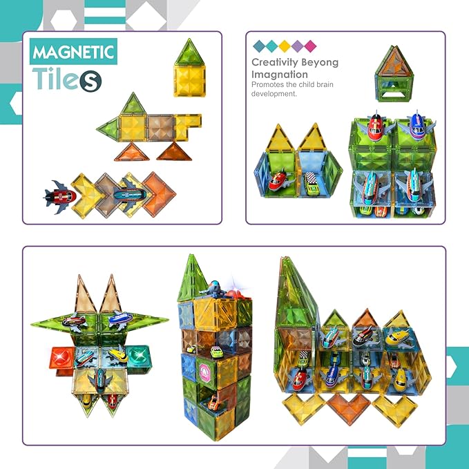 Magnetic Tiles Diamond Series with Lights 4 Pull-Back Metal Cars&7 Airplanes Magnet Tiles Building Block Toy for Kids Educational Construction STEM Toy, Great Gift for Kids Aged 3-8