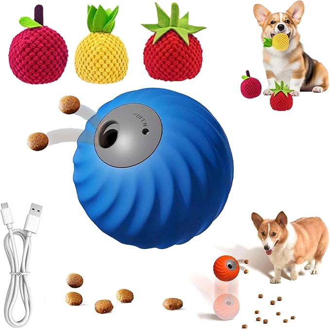 Zoomie Buddy 2.0, Zoomie Buddy for Dogs, 2 in 1 Smart Touch Interactive Dog Balls & Pet Feeder, 2.83" Diameter, Suitable for Small/Medium Dogs, with Fruit Plush Cover (Blue, 3*Mix)