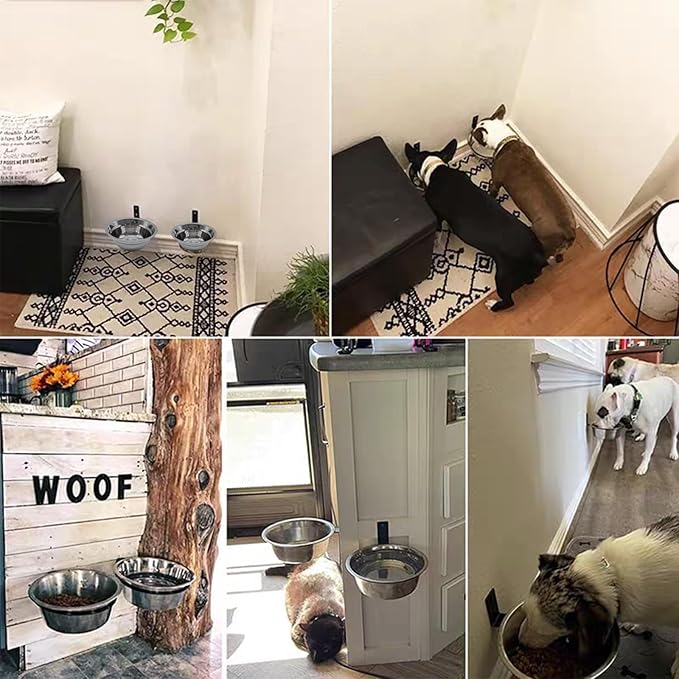 Wall Mounted Dog Bowls-2 * 16 Oz, Stainless-Steel Raised Adjustable Height Dog Food and Water Bowls, Elevated Pet Comfort Feeding Bowl for Medium Large Dogs Cats(Collapsible)