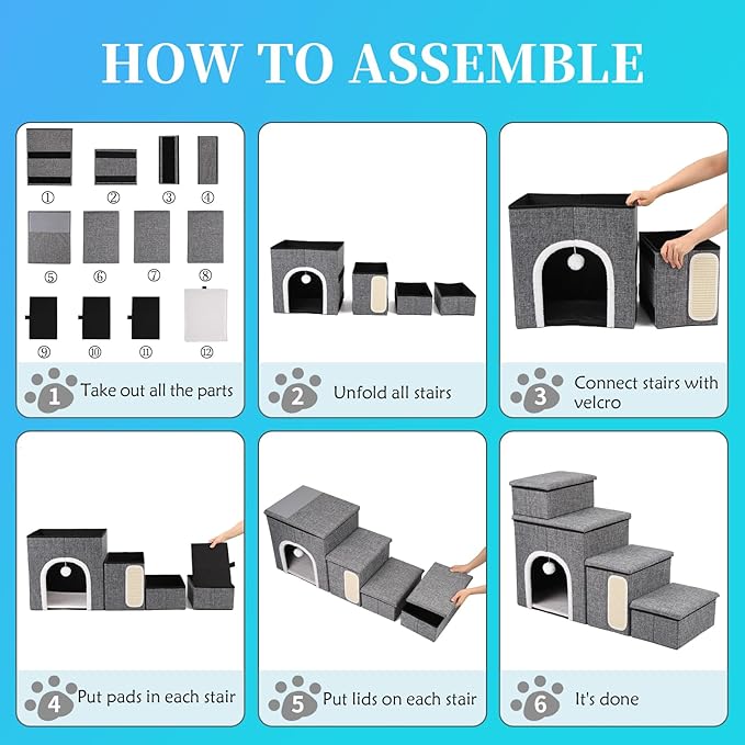 Dog Stairs for Bed and Couch 23โH, Foldable Dog Stairs for Small Older Dogs, 4 in 1 Adjustable Pet Cat Steps Ramps with Storage, Condo, Cat Scratcher, Hold Up to 180LBS, 4 Steps