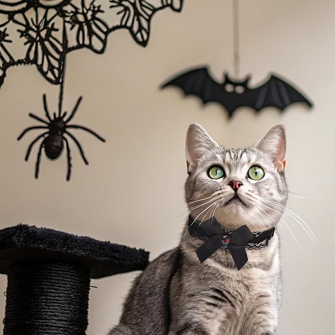 EXPAWLORER Halloween Cat Collar,Adjustable Soft Velvet Cat Collar Breakaway with Flower Accessory and Bell,Safety Quick Release Gothic Style Pet Collar for Cat,Kitten,Small Dog