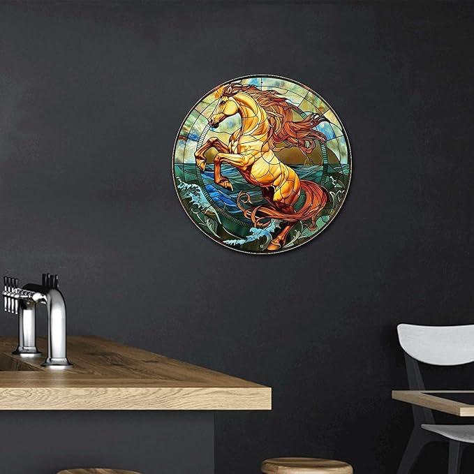 Lygond Metal Sign Tin Sign Circular Stained Glass Horse Funny Outdoor Decor for Bar 12×12 Inches
