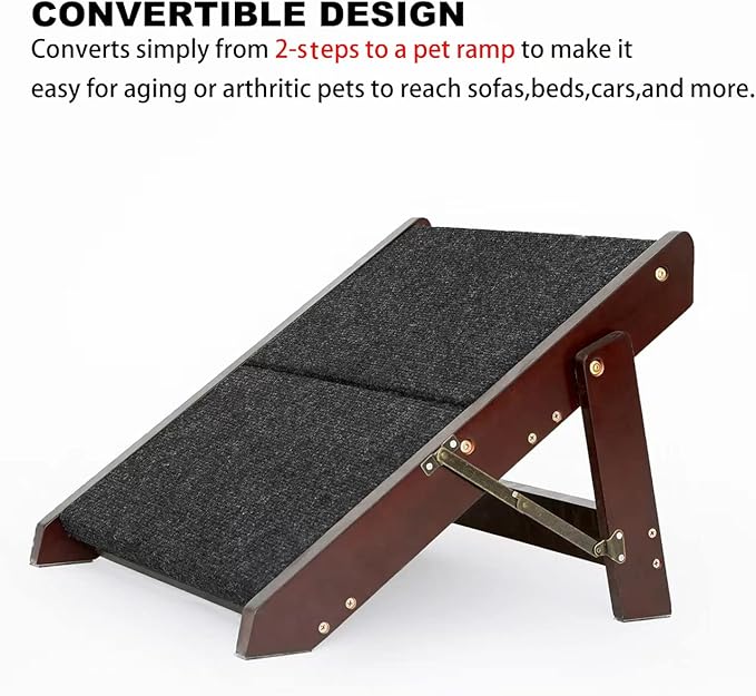 MEWANG Wooden Pet Stairs/Pet Steps - 2-in-1 Foldable Stairs & Ramp for Beds and Cars - Portable Dog/Cat Ladder Up to 110 Pounds