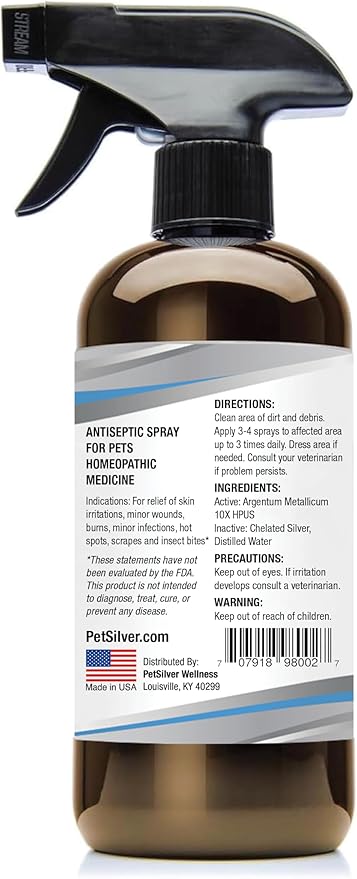 PetSilver Wound & Skin Spray - Dog Wound Spray, Hot Spot, Allergy Relief for Dogs, Itch Spray for Cats - Natural Skin Soother - Chelated Silver, Superior to Colloidal Silver - Made in USA - 16 fl oz