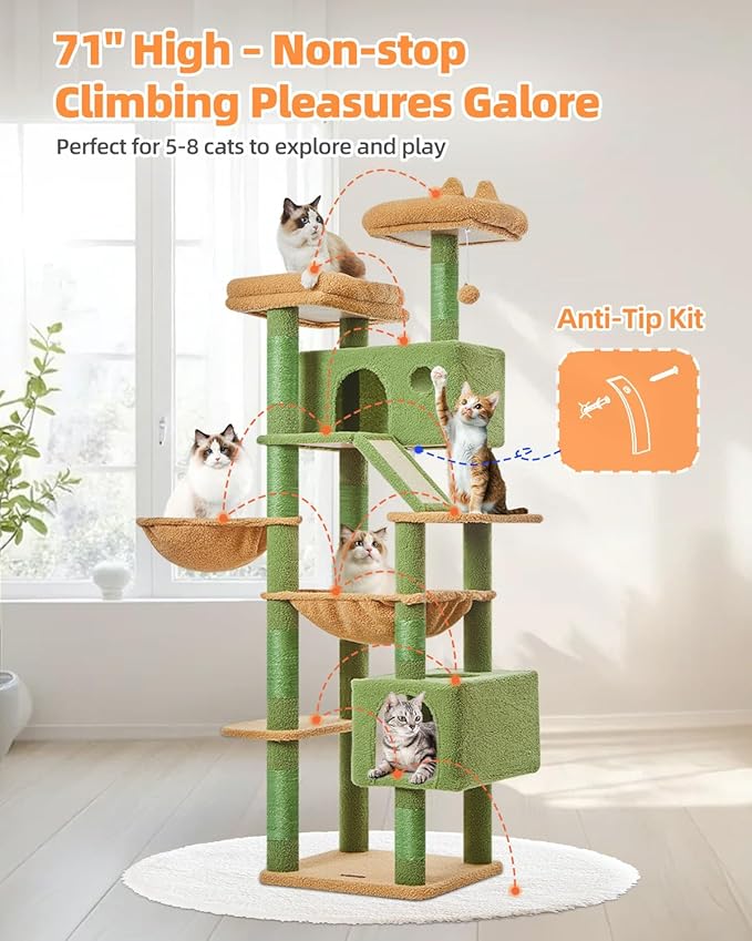 Taoqimiao Cactus Cat Tree, 71-Inch Cat Tower for Indoor Cats Large Adult, Multi-Level Large Cat Condo, 8 Sisal Scratching Posts, Metal Frame Cozy Hammock, Scratch Board, 2 Top Perches, MSC026L