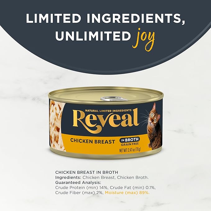 Reveal Natural Wet Cat Food in Broth, Limited Ingredient Grain Free Canned Cat Food, Protein with No Artificial Additives, Chicken Breast in Broth (24 x 2.47 oz Cans)