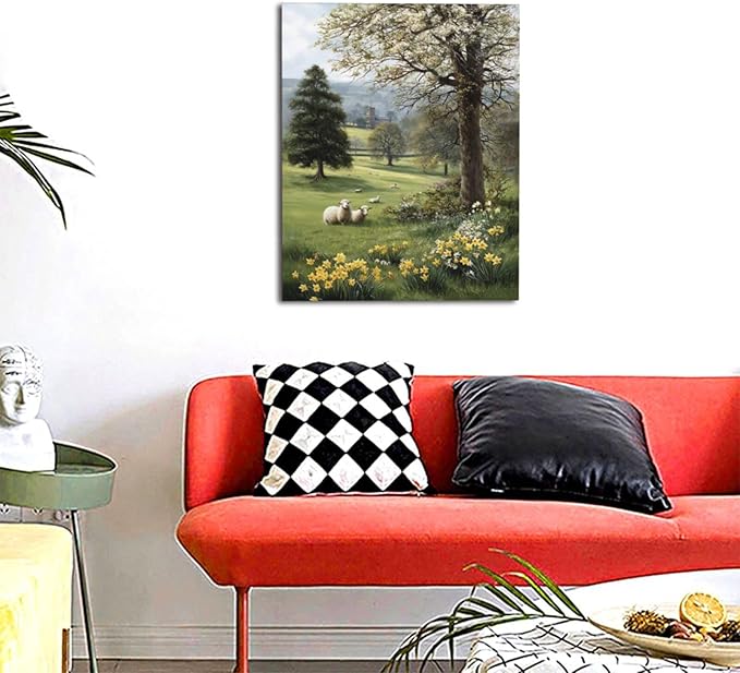 Country Sheep Canvas Wall Decor Farmhouse Rustic Lamb Wildflower Wall Art Nature Countryside Landscape Pictures Painting Print Framed Artwork Decorations for Bathroom Living Room Bedroom 16"x20"