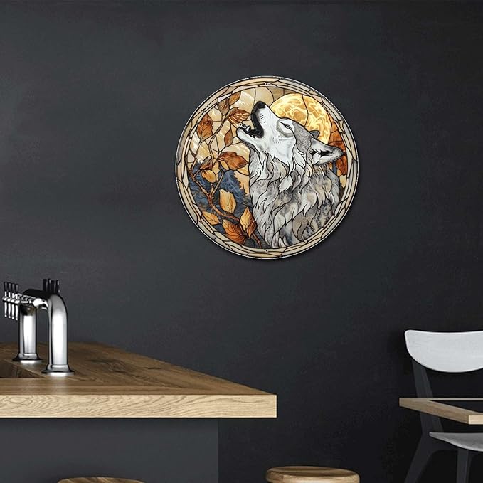 Lygond Metal Sign Tin Sign Circular Stained Glass Gray Wolf Bathroom Signs for Home for Club 12×12 Inches