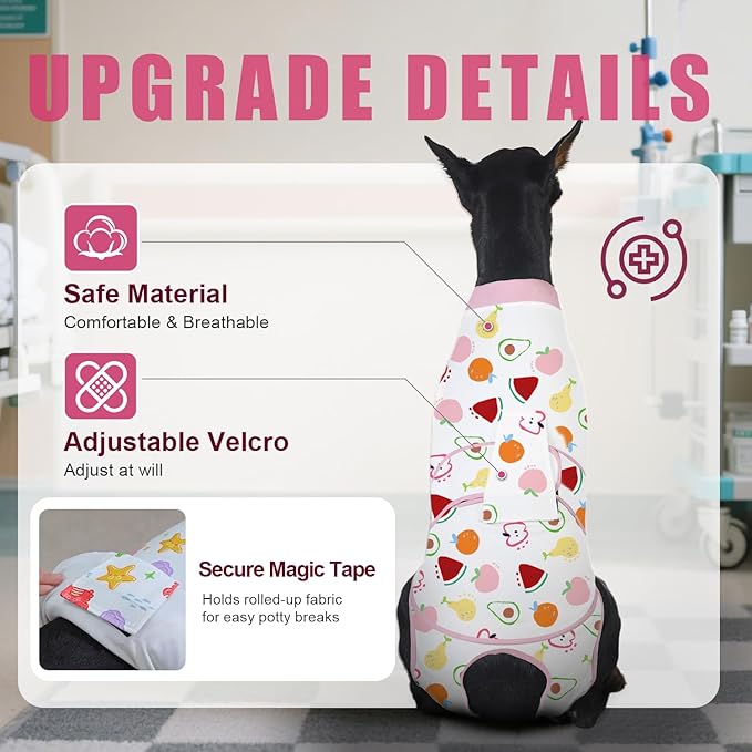Recovery Suit for Dogs After Surgery, Professional Dog Surgical Suit for Female Spay, Male Neuter, E-Collar & Cone Alternative Dog Onesie for Abdominal Wounds Skin Disease, Fruit, XL