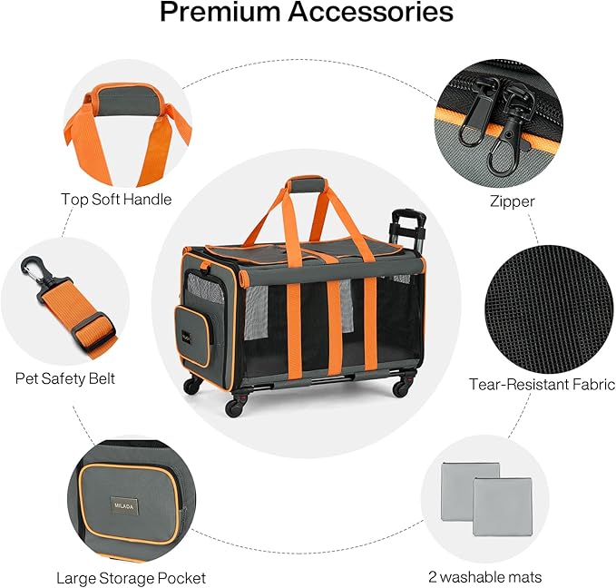 MILADA Large Cat Carrier for 2 Cats, Soft Big Pet Carrier with Wheels, Double Cat Carrier on Wheels, Rolling Pet Carrier for Travel Hiking Shopping and Camping(Not for Air Travel), Orange