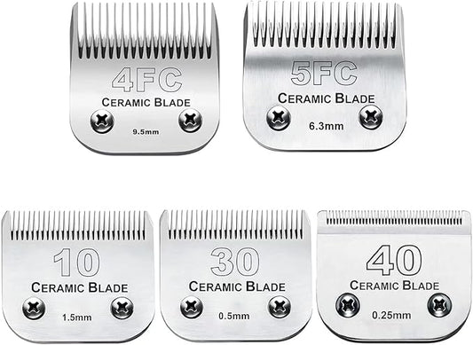 5PCS 10 Blades Dog Grooming Replacement Blades Compatible with Andis Pet Clipper/Oster A5/Wahl KM Series Dog Clipper,Ceramic Blade & Stainless Steel Blade, Size :#10+30+40+5FC+4FC