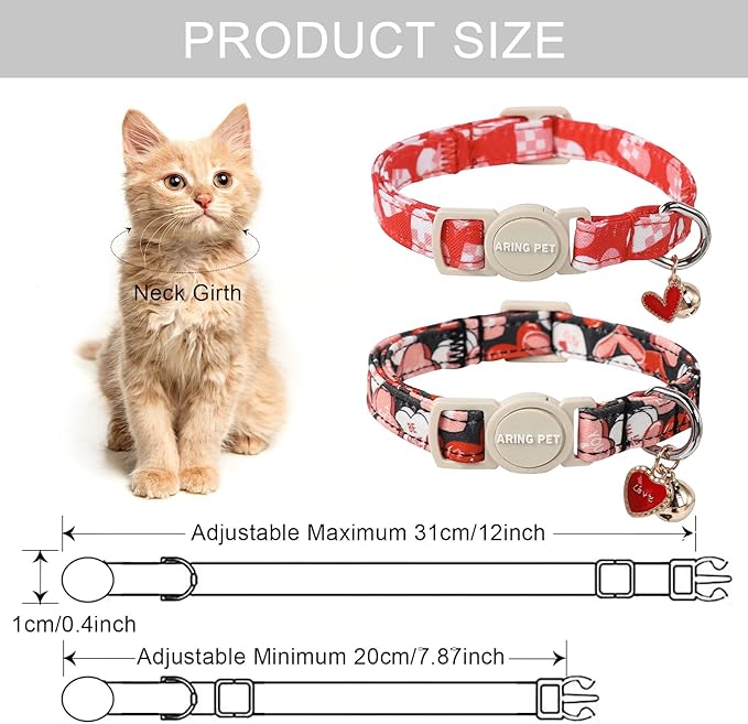 ARING PET 2 Pack Valentine's Day Cat Collars-Cute Heart Cat Collar Breakaway with Bell&Pendant, Adjustable Valentine Kitten Collars with Safety Buckle for Girl and Boy Cats