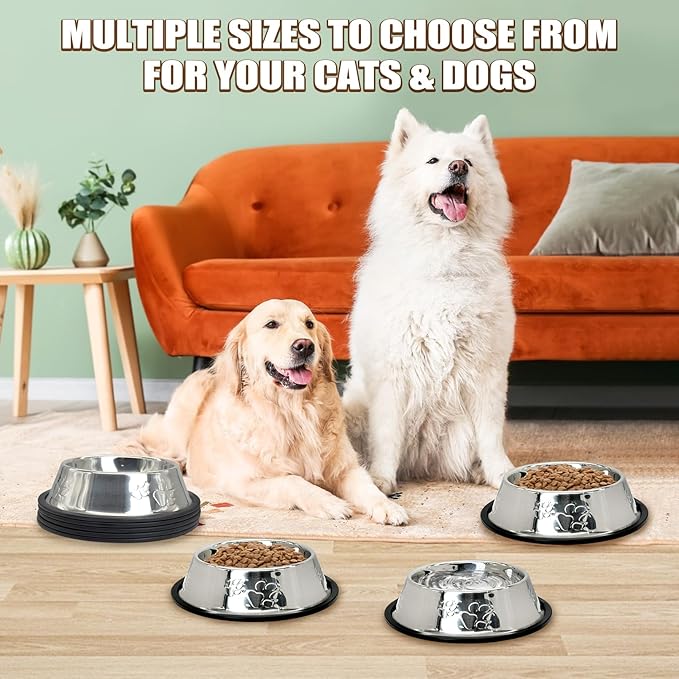Fhiny 8Pcs Stainless Steel Dog Cat Bowl with Rubber Base Pet Food and Water Feeder Bowls Stackable Non-Slip Dish Plate for Small Medium Animals Puppy Kitten Rabbit-Two Paw Patterns