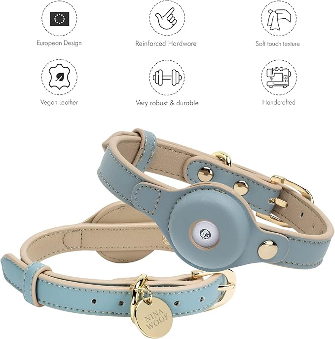 Cupertino Dog Collars, Harnesses & Leashes Made from Vegan Leather with Dog Tracker Device Holder Adjustable Dog Collar - Color Blue, Large