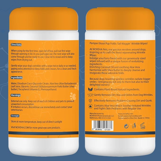 NOVEHA 240PCs - Wrinkle XL Wipes for Dogs | Wipes for Bulldog, French Bulldog, Pug, English Bulldog โ Wipes for Multiple Areas Removes Dirt, Wrinkles, Folds, Tear Stain, Tail Pockets & Paws (2Pack)