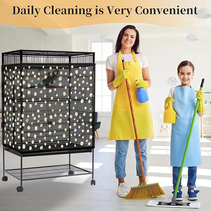Daoeny Bird Cage Seed Catcher, Large Bird Cage Cover, Adjustable Soft Airy Nylon Mesh Net, Birdcage Cover Skirt Seed Guard for Parrot Parakeet Macaw African Round Square Cages (Black, Daisy Design)