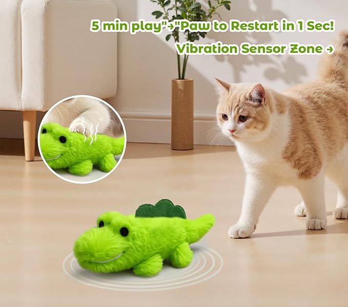 Interactive Cat Toys for Indoor Cats - Automatic Moving Cat Chase Toy for Bored Indoor Adult Cats - 360ยฐ Random Movement, Tail Wagging & Catnip Stimulation - Electric Croc(Long Plush)