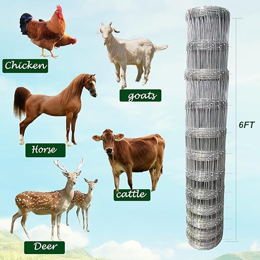 Farm Fence 6ft x 100ft Heavy Zinc Coating Field Wire Fencing, Deer Fence, Galvanized Livestock Fence,Goat Fence,Hog Wire Fencing, Garden Fencing Used to Yard and Garden