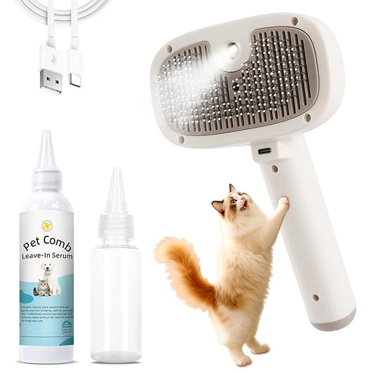 Cat Steam Brush, Dog Brush for Shedding, Pet Spray Hair Removal Comb, Pet Grooming Brush for Short & Long Haired Dogs & Cats,Spritz Defur Comb with Waterless Shampoo (White)
