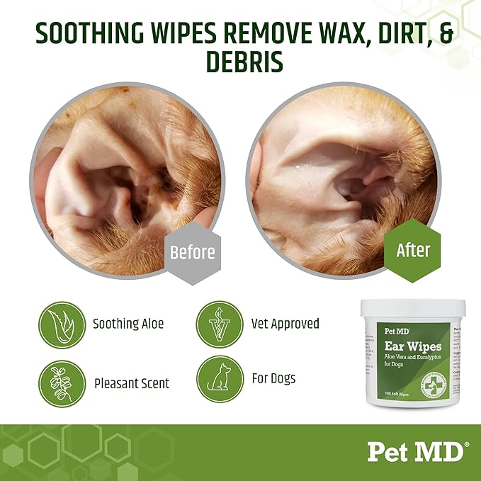 Pet MD Dog Ear Cleaning Wipes with Aloe and Eucalyptus + Veterinary Tris Flush Cat & Dog Ear Cleaner
