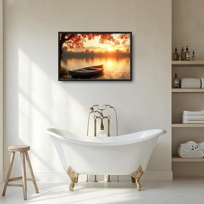 Large Lake Sunrise Landscape Wall Art for Living Room, Nature Boat Canvas Oversized Wall Decor, River Scenery Framed Pictures Painting Print Artwork for Bedroom Office 36"L x 24"W