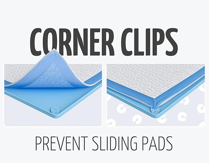 Skywin TidyFriend 3 Pk Pee Pad Holder Tray for 30” x 23” Pee Pads with Corner Lock Holes, Raised Edges, Non-Spill, Easy to Clean Silicone Dog Potty Tray Holder, for Indoor Floor Protection (Blue)