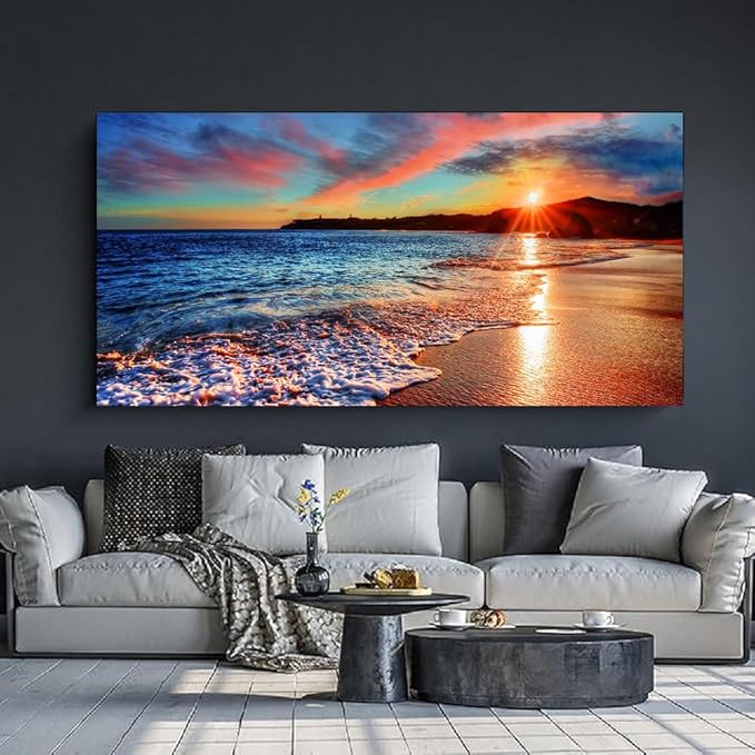 Yxbhhym-Beach Wall Art Pictures Decor for Bedroom Large Ocean Canvas for Wall Art Living Room Sunset Painting Coastal Artwork for Wall Seascape Print Sea Poster Landscape Office Art Home Decorations